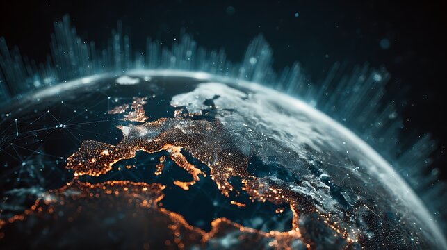 double exposure Earth overlay with blockchain network lines and rising crypto charts, futuristic cryptocurrency concept