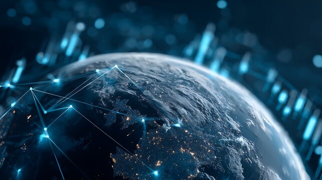 double exposure Earth overlay with blockchain network lines and rising crypto charts, futuristic cryptocurrency concept