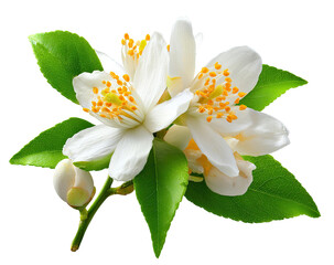 Close-up of delicate white blossoms and vibrant green leaves