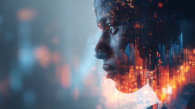 double exposure trader looking at screens overlay with AI trading graph, glowing financial data, digital particles, futuristic fintech