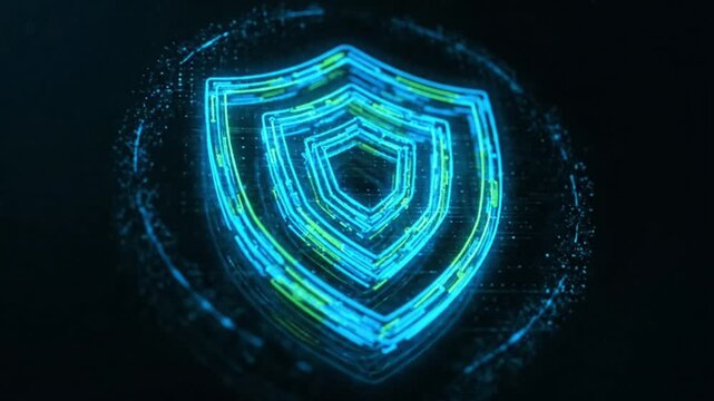 A glowing digital security shield icon with multiple layers in blue and green