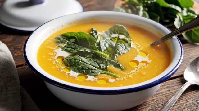 Close Up Of Golden Pumpkin Soup Garnished With Spinach Cream and Oil in a White and Blue Enamel Bowl with Spoon on Wooden Background