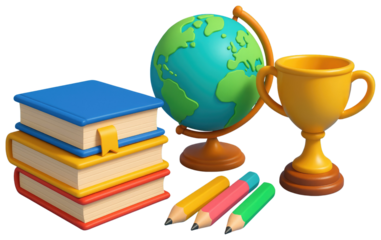Stack Of Books Globe Pencils And Trophy In 3D Render With Blue Background education learning isolated on a transparent background