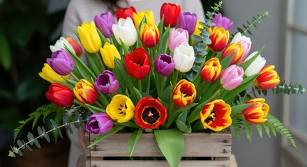 A colorful arrangement of tulips in a wooden crate.