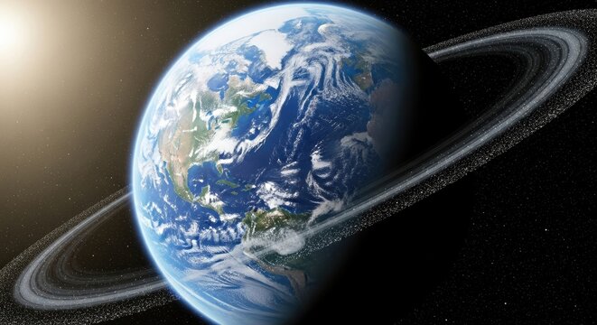 The Earth, a blue planet with green and white continents, is shown from space with its atmosphere and rings visible. - Powered by Adobe