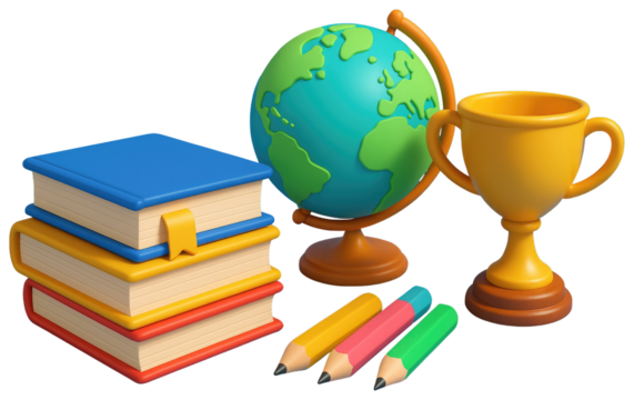Stack Of Books Globe Pencils And Trophy In 3D Render With Blue Background education learning isolated on a transparent background - Powered by Adobe