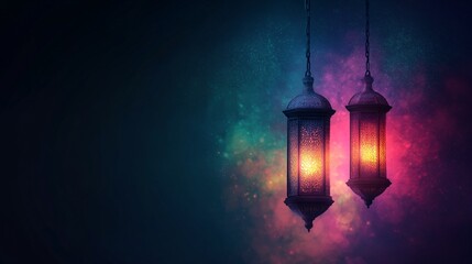 Two intricately designed lanterns with a warm glow against a colorful, dreamy background.