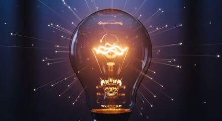 Glowing filament in a glass light bulb with emanating light rays against a dark blue purple background