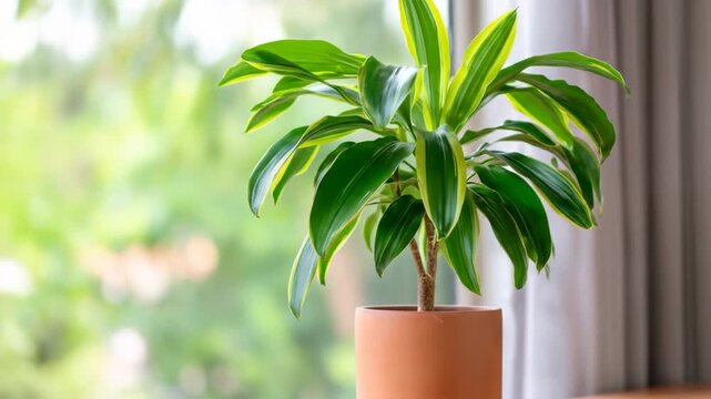 Vibrant indoor plant with green and yellow leaves in terracotta pot against blurred natural background