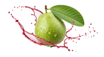 Fresh green guava fruit with vibrant red juice splashing dynamically around it, showcasing its refreshing essence and healthy natural goodness for beverages and culinary concepts