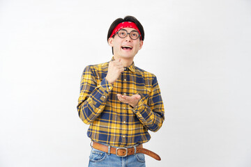 アキバ系の男性　ひらめく　白背景