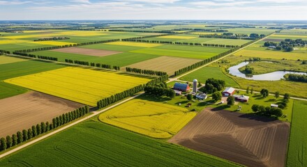A picturesque rural landscape with green fields, a barn, and a river, featuring a variety of vibrant colors and textures.