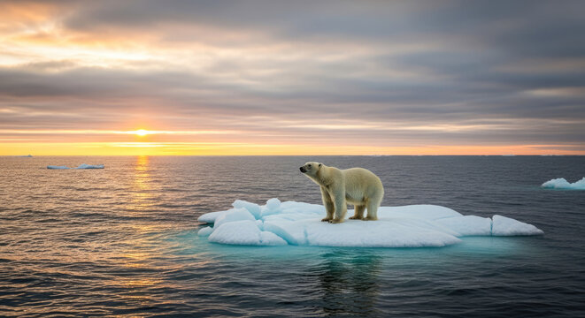 A polar bear standing on an ice floe in the Arctic Ocean at sunset.