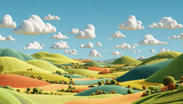 High quality photo of colorful textured rolling hills and fields under a bright blue sky with clouds