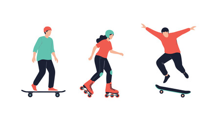 Obraz premium Diverse group of people engaged in various extreme sports activities like skateboarding and rollerblading.