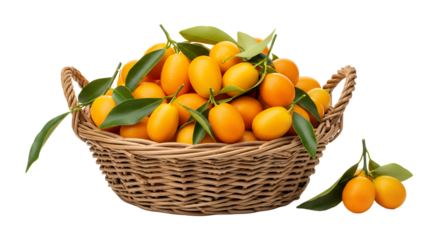 Marian Plums in Woven Basket Fresh Tropical Fruit Delight with Vibrant Green Leaves