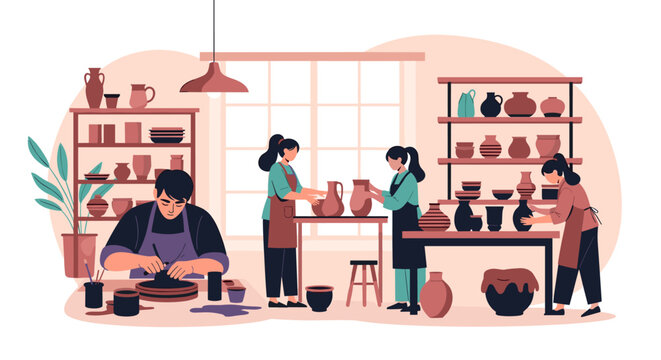 People creating pottery in a studio with shelves of ceramic art and tools.