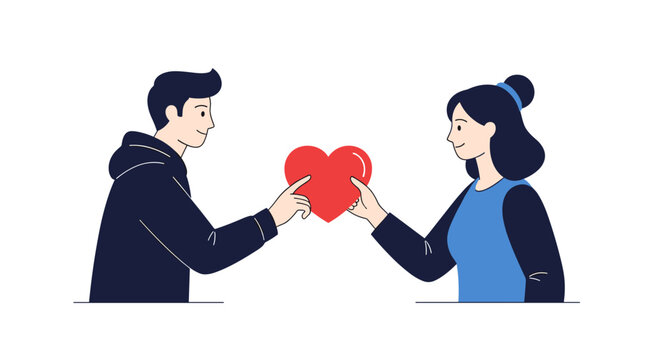 A man and a woman exchange a red heart in a gesture of love or connection. - Powered by Adobe