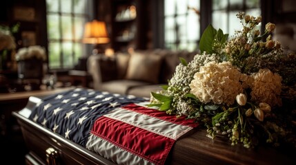 A somber scene featuring a casket draped with an American flag, adorned with flowers, set in a warmly lit room, evoking themes of remembrance and solemnity.