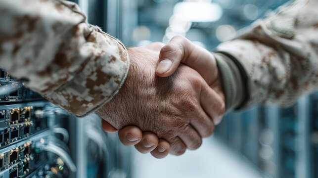Two hands shake in a server room, symbolizing cooperation and partnership in a technological environment, possibly related to military or cybersecurity. - Powered by Adobe