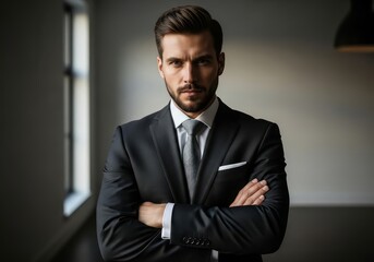 Portrait of a man with crossed arms wearing a suit and tie looking at the camera directly indoors