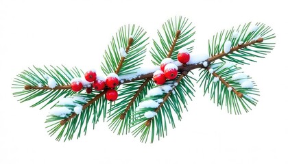 A snowy pine branch with bright red berries isolated on a white background in a christmas scene