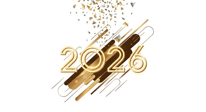 Modern 3D "2026" typography with dynamic gold fragments and geometric shapes.