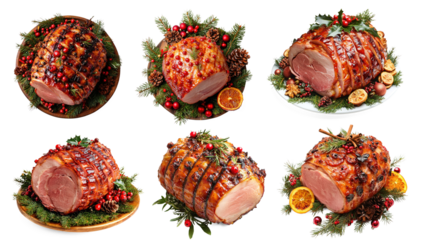 A Christmas ham garnished with cranberries, pine cones, and orange slices, served on a plate with greenery and holiday decorations.