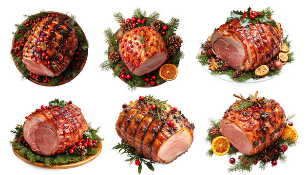 A Christmas ham garnished with cranberries, pine cones, and orange slices, served on a plate with greenery and holiday decorations.
