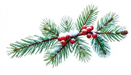 A snowy pine branch with red berries against a white background in a winter holiday scene
