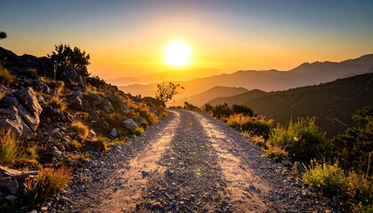 Scenic mountain road at sunset with golden light and rocky terrain.