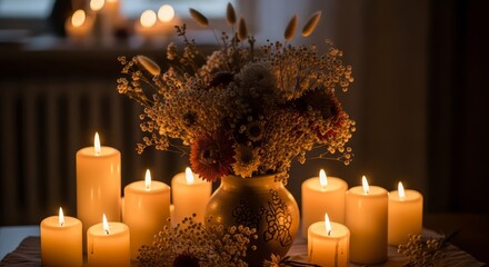 Still life of candles and a vase with dried flowers creating a warm and cozy atmosphere indoors