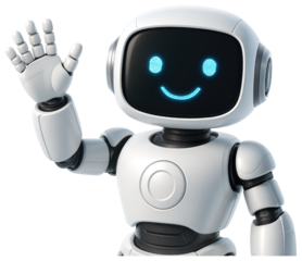 Welcoming Robot with Glowing Blue Face and Headset on White Background artificial intelligence technology isolated on a transparent background