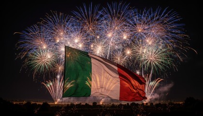 Italy Flag with Vibrant Fireworks Display Celebration. Patriotic Italian Pyrotechnics Spectacle. Festa della Repubblica Fireworks Over Italy Flag.
