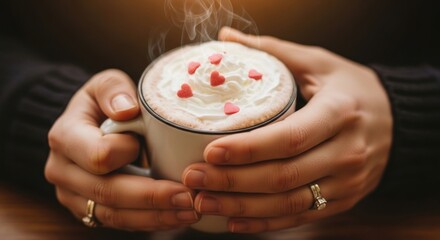 man holding a cup of coffee with soft cream ang hearts on the top 