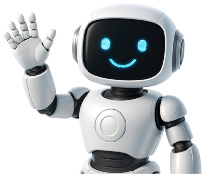 Welcoming Robot with Glowing Blue Face and Headset on White Background artificial intelligence technology isolated on a transparent background