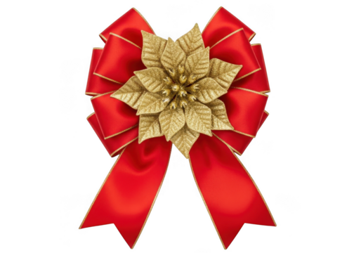 A festive red bow with a golden poinsettia flower accent, isolated on a transparent background, ideal for holiday gifting