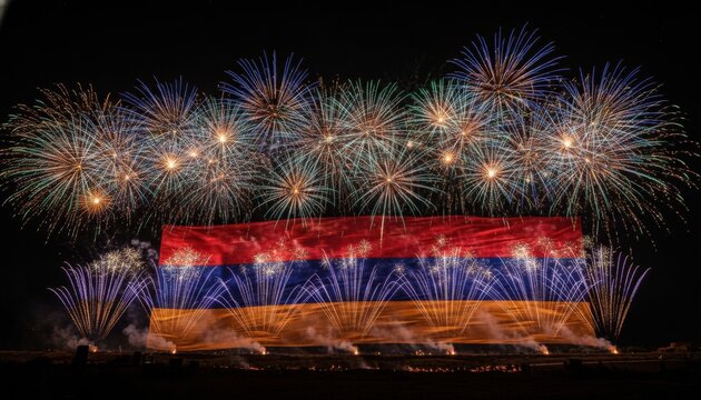Armenia Flag with Vibrant Fireworks Display Celebration. Patriotic Armenian Pyrotechnics Spectacle. Independence Day Fireworks Over Armenia Flag. - Powered by Adobe