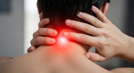 Person suffering from neck pain, hands on back of neck with red highlighted area indicating discomfort, injury, or muscle strain.