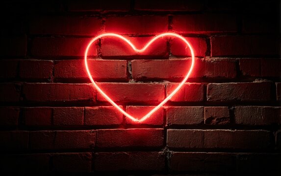 Red neon heart glowing on a textured brick wall - Powered by Adobe