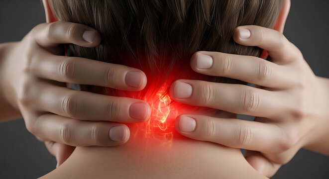 Back view of person with hands on neck, experiencing pain. Red glowing area symbolizes injury, strain, or inflammation.