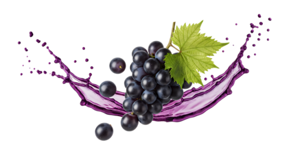 A dynamic splash of rich purple grape juice elegantly surrounds a succulent bunch of dark grapes with a verdant leaf, symbolizing natural refreshment and vibrant flavor on a pristine white background