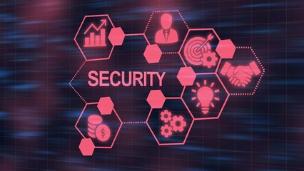 Digital Network of Hexagons Illustrating Security Concepts with Icons and Text protection safety