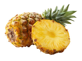 Two pineapples, one whole and one sliced, showing yellow flesh