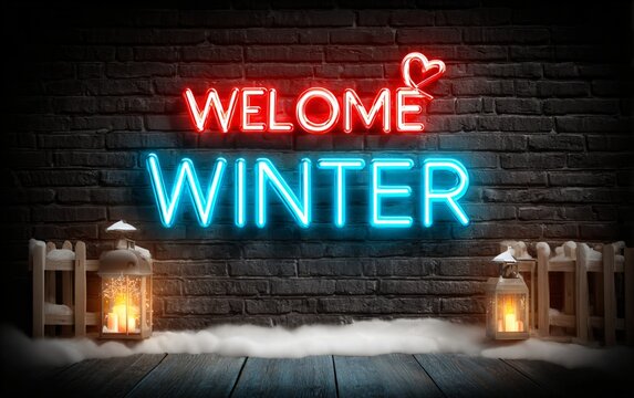 Welcome winter neon sign on brick wall backdrop