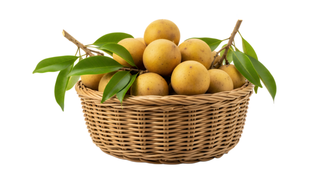 A traditional wicker basket brimming with freshly harvested ripe sapodilla fruits and green leaves, isolated on a clean white background