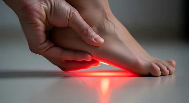 Foot pain concept. Woman holding painful heel with red light under arch, indicating inflammation or plantar fasciitis.