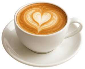 White cup of coffee with heart shaped latte art on a saucer cappuccino espresso isolated on a transparent background