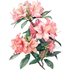 Watercolor Pink Rhododendron Flowers and Green Leaves on transparent background