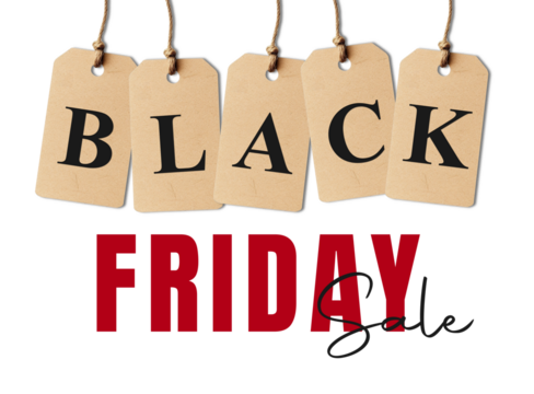 Price tags bearing the phrase "Black Friday" are attached to old red and black paper hangers. A unique design for shopping discounts, advertisements, and promotional offers. On a transparent backgroun